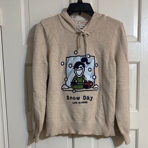 Life Is Good Women's Tan Hooded Sweater with Snow Day Graphic